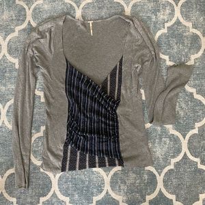 Free People Gray and Navy Cross Front Light Sweater